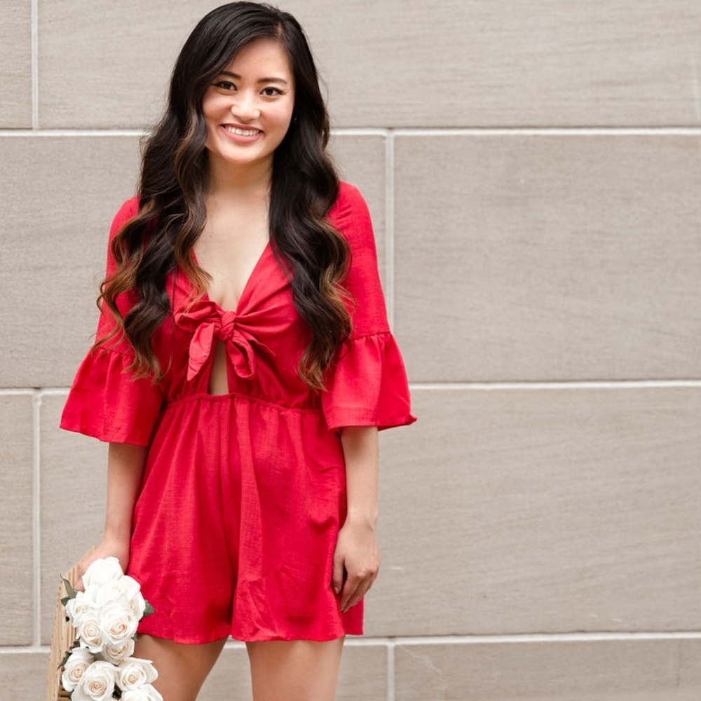 Mid Bell Sleeve Romper with Cut Out Knot Front